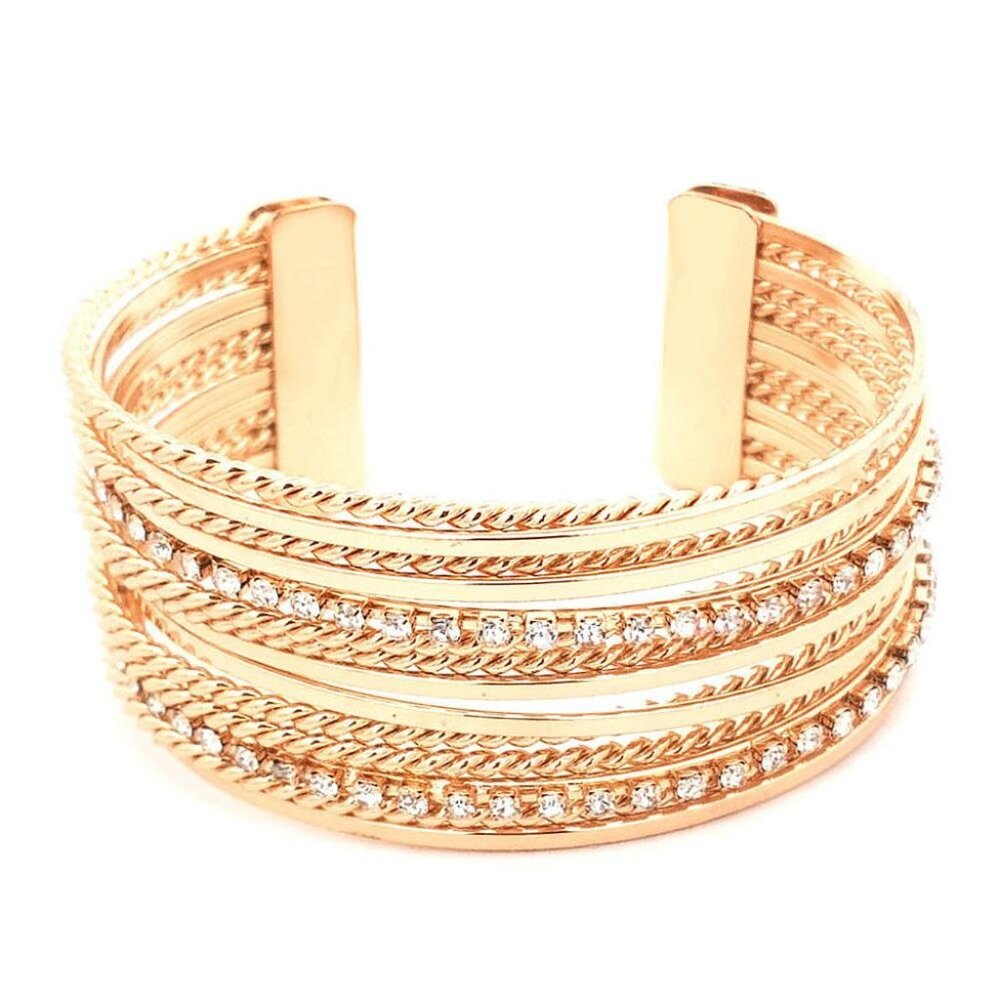 Glamorous Gold Tone Rhinestone Layered Cuff Bracelet